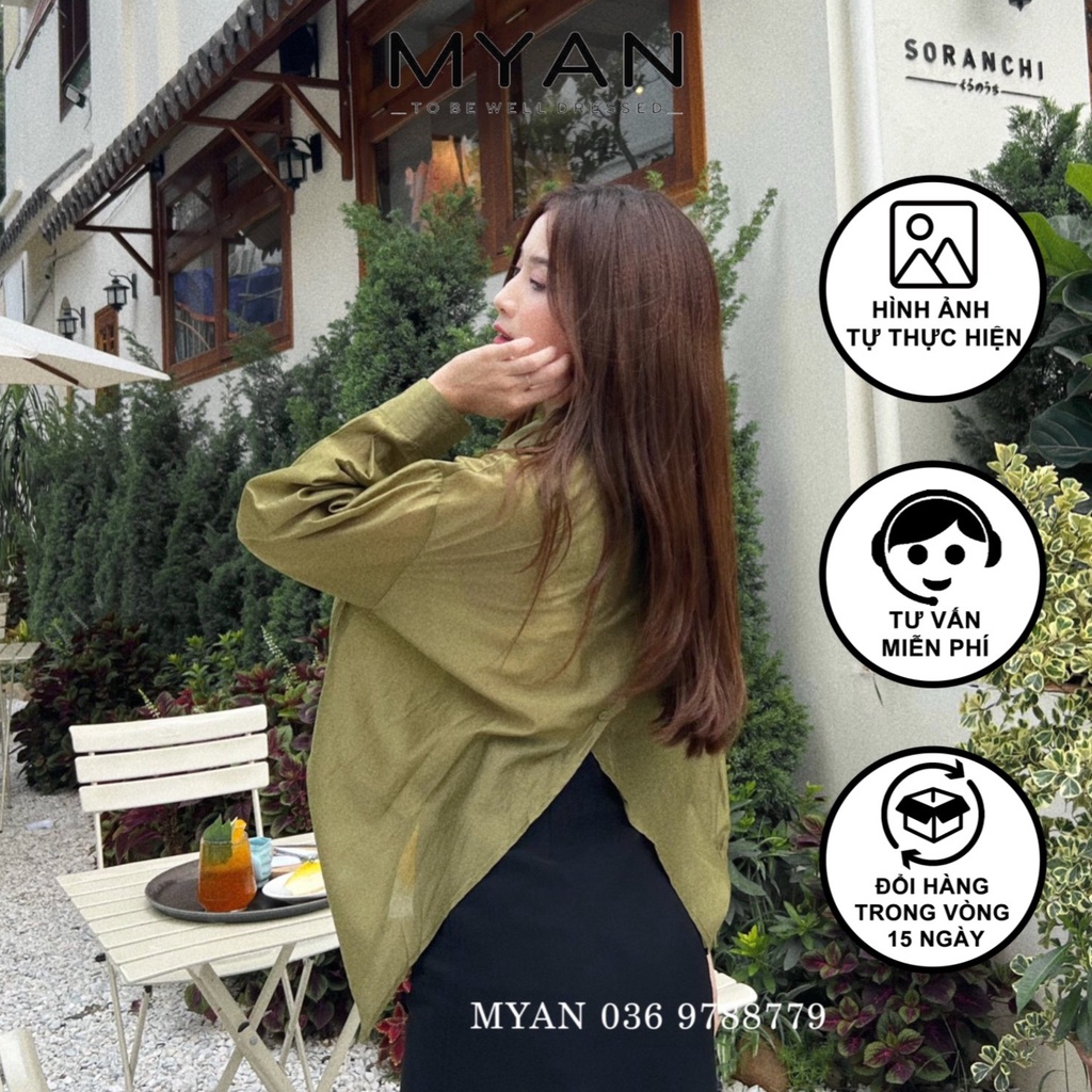 Áo Sơ Mi Nữ Dáng Rông - Áo Sơ Mi Oversize Vạt Chéo Xẻ Sau Lưng (Kem, Xanh, Nâu, Rêu) MYAN - A072203 (109)