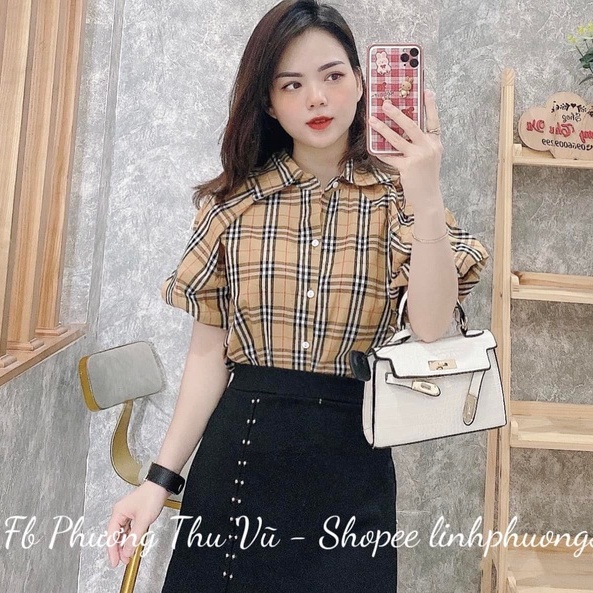 Áo sơ mi kẻ bbr tay bồng dang suông sang chảnh cá tính hottrend (Ảnh thật tự chụp)