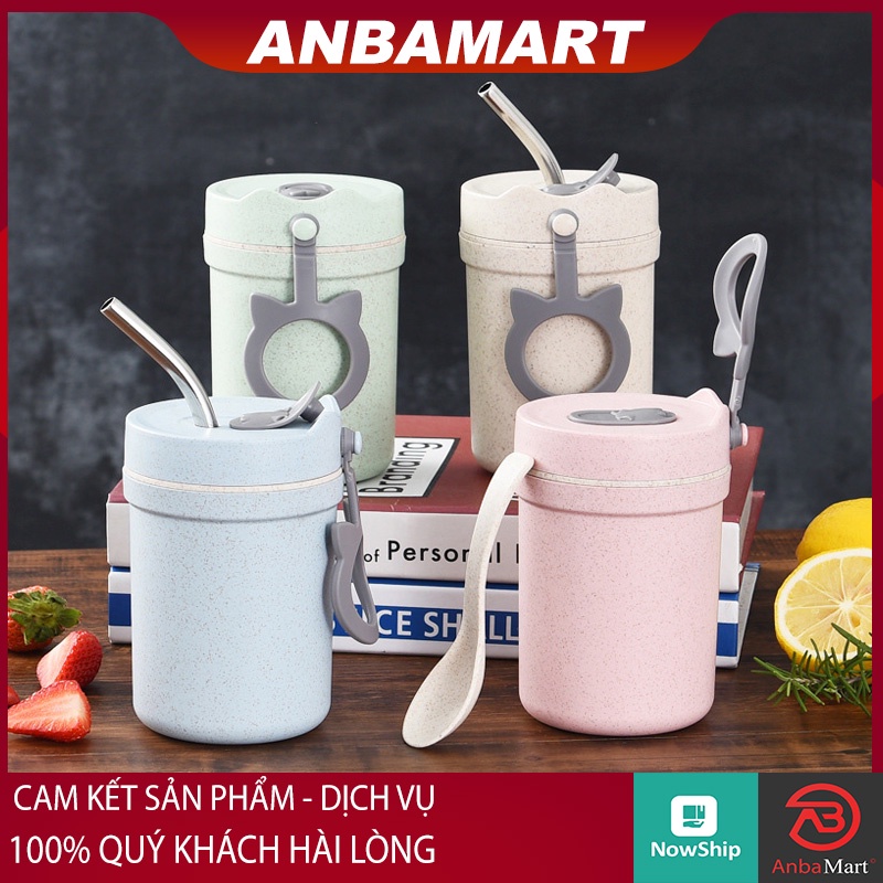 Combo Cốc Nhựa Có Nắp Đựng Canh + Thìa Ăn Cơm + Ống Hút inox - Cốc nhựa đựng trà sữa có ống hút