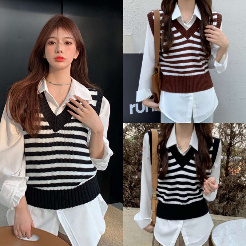 Áo len không tay cổ chữ v form rộng họa tiết kẻ sọc | BigBuy360 - bigbuy360.vn