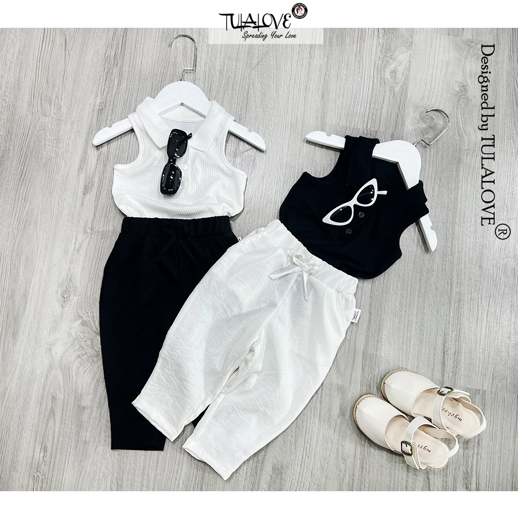 Áo Polo Bé Gái Sát Nách Màu Đơn Sắc, Quần Dài Bé Gái Dáng Baggy Phối Set Cực Yêu, Set Bé Gái Tulalove