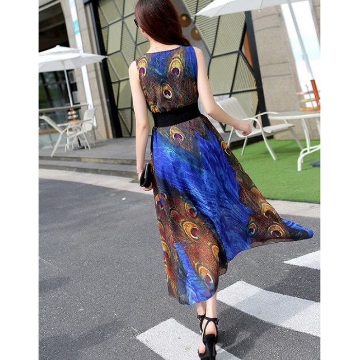 Đầm maxi đi biển ,quà tặng kèm belt, họa tiết chim công, chất vải chinfon mịn rủ mát, mã sản phẩm 01272