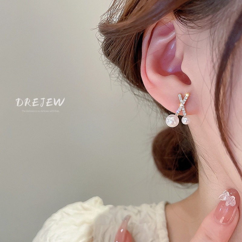 DREJEW Khuyên tai bạc đính đá kim cương và ngọc trai giả phong cách cổ điển dễ phối đồ