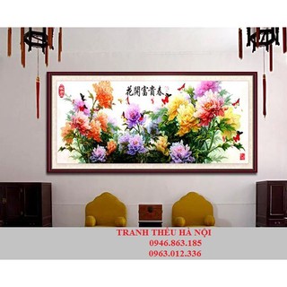 tranh thêu chữ thập hoa mẫu đơn kt216x74cm