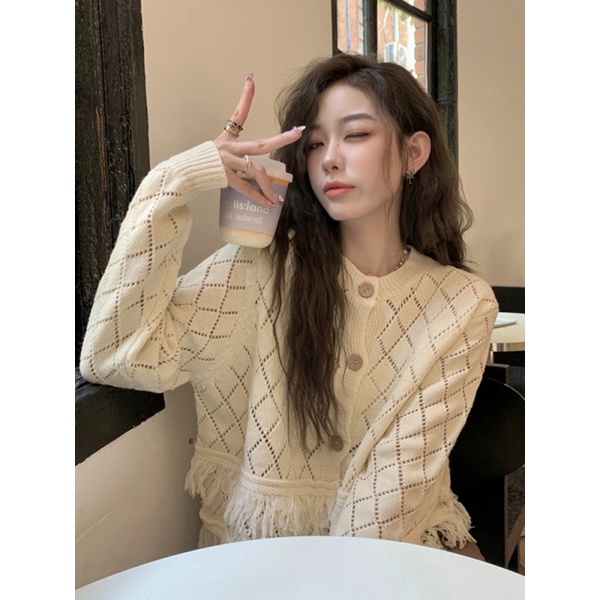 Áo Khoác Cardigan Dệt Kim Dáng Ngắn Phối Tua Rua Thời Trang Mùa Thu Dành Cho Nữ