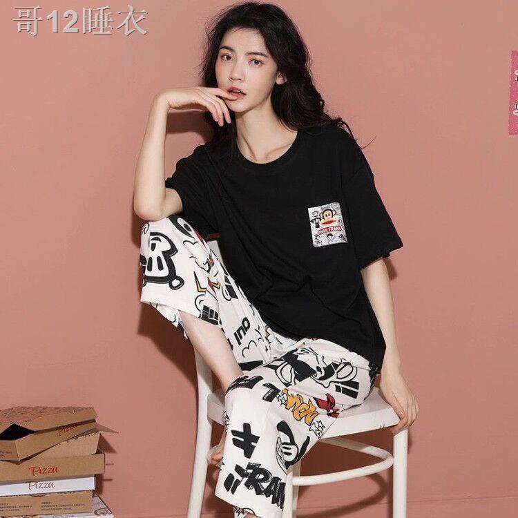 X100% cotton ngắn tay quần dài cắt xén pijama nữ sinh mùa hè dễ thương bộ đồ rộng rãi hàn quốc có thể mặc ở nhà