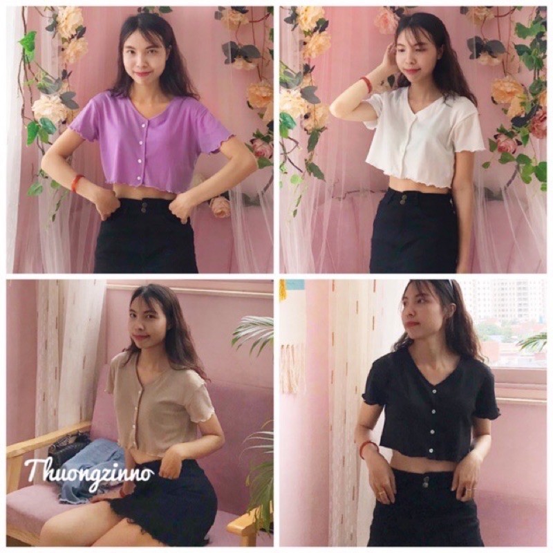Áo croptop cổ tim ulzzang - Áo croptop nữ thun tăm cài cúc cổ V | BigBuy360 - bigbuy360.vn