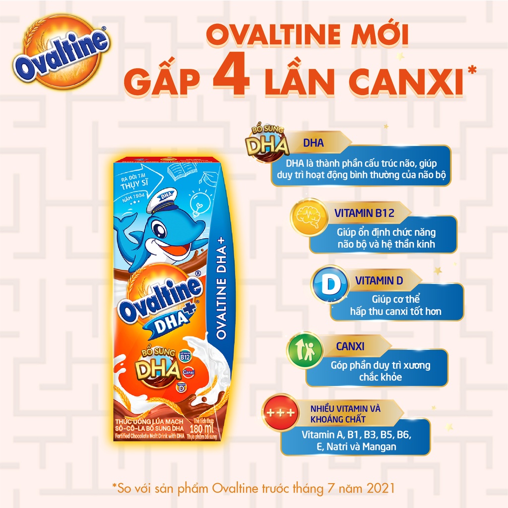 (Tặng kèm 2 thẻ) Thức uống lúa mạch hương vị sô-cô-la Ovaltine DHA+ PRO hộp giấy 180mlx4 công thức mới