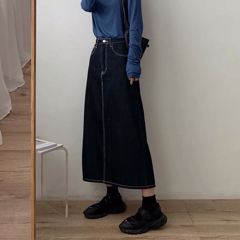 Chân váy jean midi  đen dáng dài chỉ nổi phong cách mùa thu Hàn Quốc 2021 Kozoda Cv29 | WebRaoVat - webraovat.net.vn