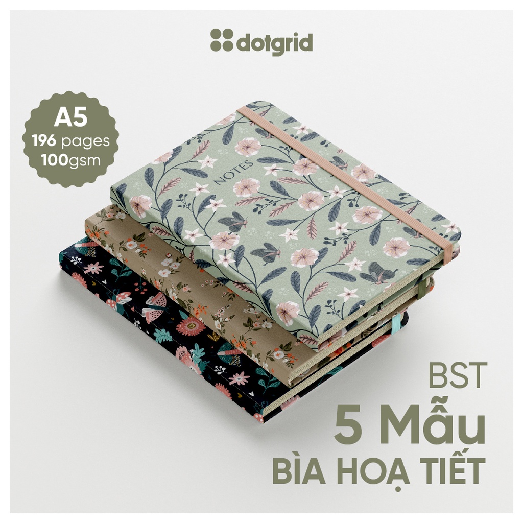 Sổ tay bìa da Flower Club A5 handmade giấy 100GSM (Chấm/Caro/Kẻ ngang/Trơn)