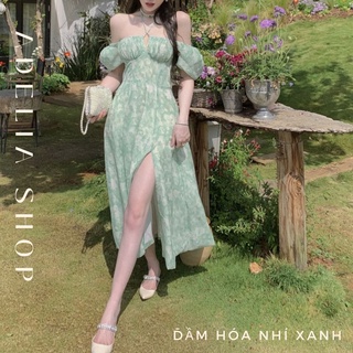 𝑩𝒆𝒓𝒏𝒊𝒆 𝑫𝒓𝒆𝒔𝒔 | đầm hoa nhí dáng dài màu xanh bơ tay phồng xẻ tà, đầm maxi hoa nhí đi biển chất voan 2 lớp nhẹ nhàng