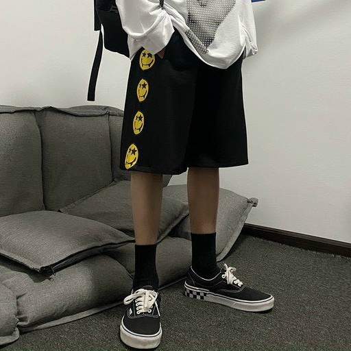 Quần short unisex nam nữ phối viền mặt cười vải thun nỉ dày dặn, co giãn thoải mái