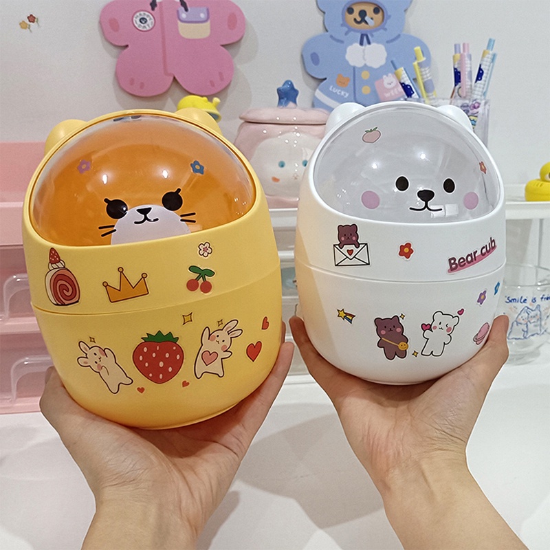 [TẶNG STICKER] Thùng Rác Mini Để Bàn Mẫu Hoạt Hình Có Nắp Đậy/ Hộp Đựng Đồ, Cắm Bút Trang Trí Bàn