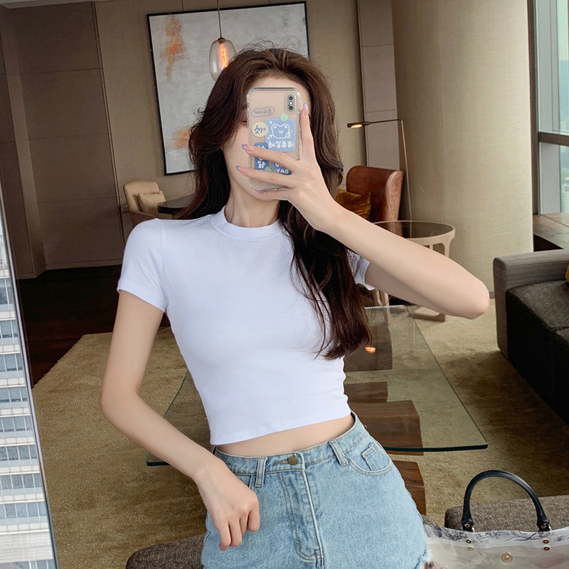 Áo crt cổ tròn tay cộc nữ - Áo body dáng ôm, cổ tròn phong cách vintage màu sắc cá tính ulzzang