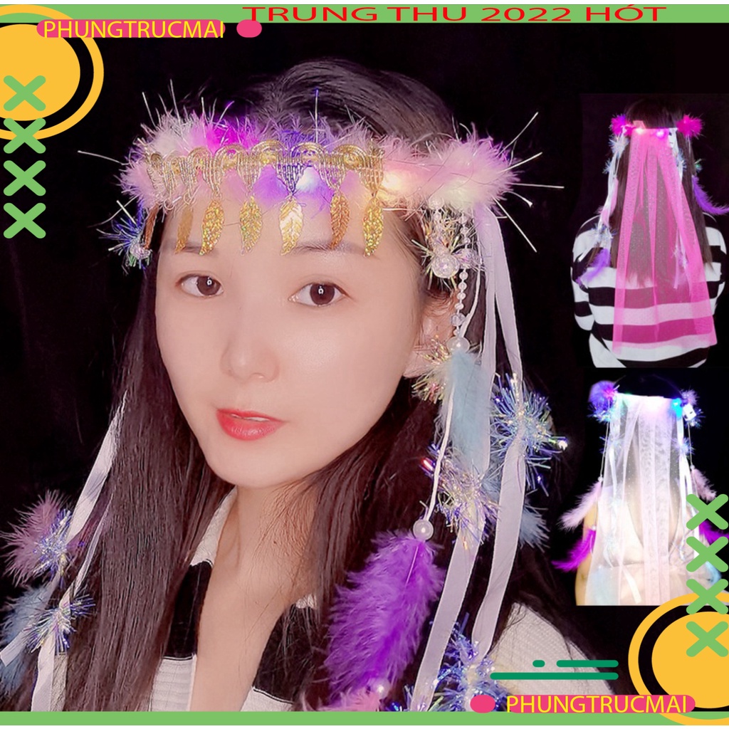 Bờm tết tóc lông vũ hot trend dịu dàng xinh đẹp phong thái Hàm Hương Công Chúa  có đèn Led