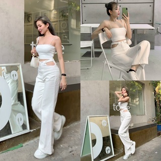 Set croptop 2 dây mix quần kaki trắng siêu HOT, làm mưa làm gió nhà Ryn, xuống phố, đi chơi đều được