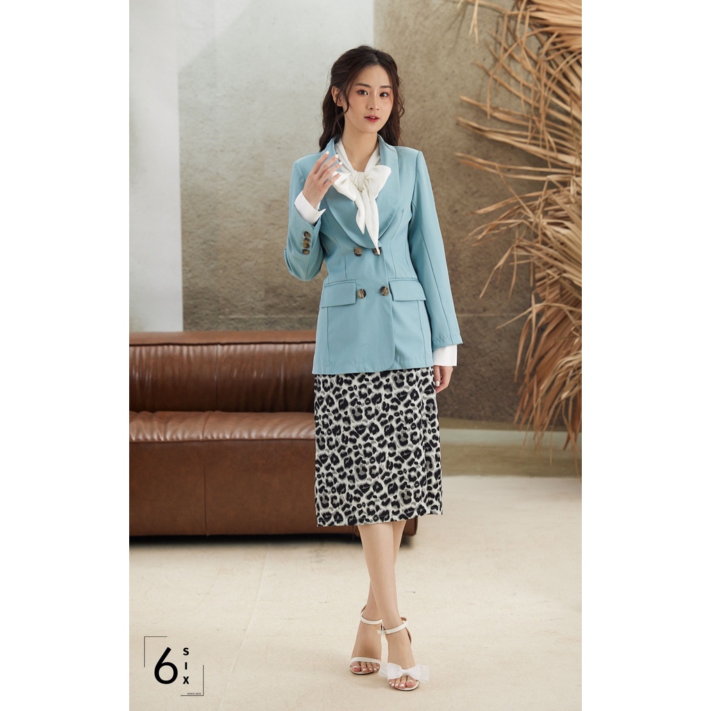 Áo blazer nữ dài tay có đệm vai cổ sam cúc vằn cao cấp 6SIX Closet