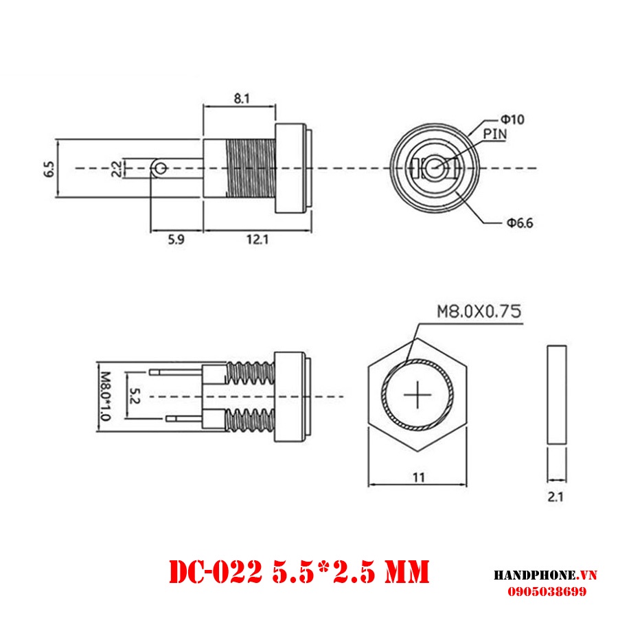 Jack nguồn DC Cái DC DC-022 5.5 x 2.1mm, 5.5 x 2.5 mm ren ốc vặn cố định