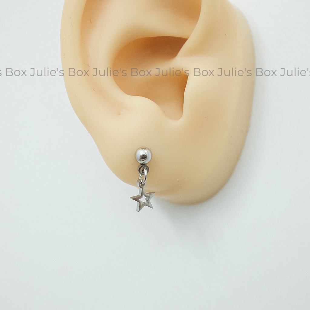 [1 Chiếc] Khuyên Tai Titan Unisex Có Charm Ngôi Sao Rỗng Màu Bạc Đuôi Bi Không Gỉ Sét Không Ngứa Bông Tai Julies Box 66