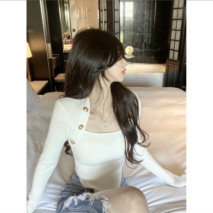 Áo thun gân cổ đính nút sành điệu tay dài ôm body lên đồ dạo phố, đi làm đẹp xuất sắc MC