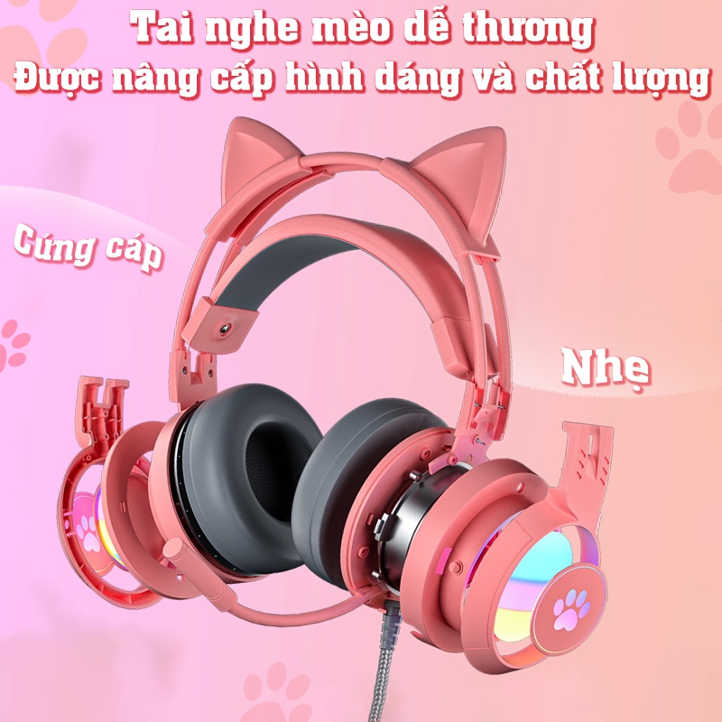 Tai nghe mèo chụp tai có dây, tai nghe gaming có micro siêu dễ thương sử dụng điện thoại và máy tính học online giải trí