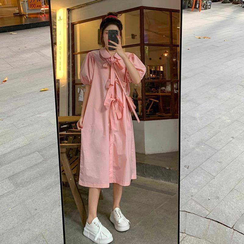Đầm Midi Dáng Rộng Tay Ngắn In Họa Tiết Trái Tim Đính Nơ Phong Cách Pháp Thời Trang Mùa Hè Xinh Xắn Cho Nữ