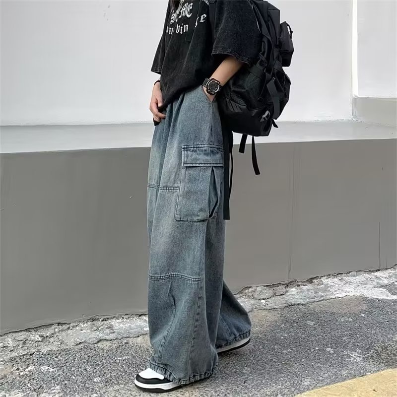 Quần Jean Dáng Rộng Nhiều Túi Thời Trang Phong Cách Hàn Quốc Cho Nam Size S-3XL