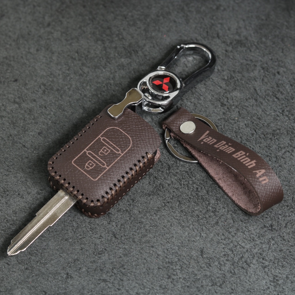 Bao da móc khoá bọc ốp chìa khóa xe ô tô Mitsubishi Xpander, Triton chìa cơ, da bò, nhiều màu, khâu thủ công Mitsu7