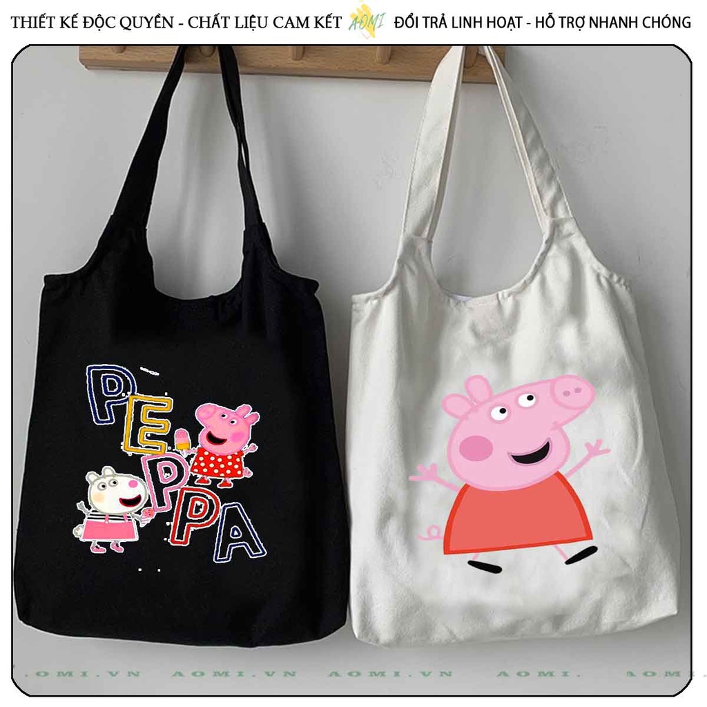 TOTE CANVAS heo peppa FORM TRÒN TÚI VẢI ĐEO VAI BAG NÚT BẤM SIZE LỚN AOMIVN DU LỊCH DẠO PHỐ CÁ TÍNH