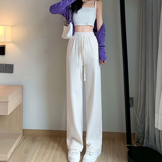 Quần Dài Ống Rộng Lưng Cao Vải Lụa Lạnh Mỏng Màu Xanh Dương Phong Cách Mới Thời Trang Mùa Hè