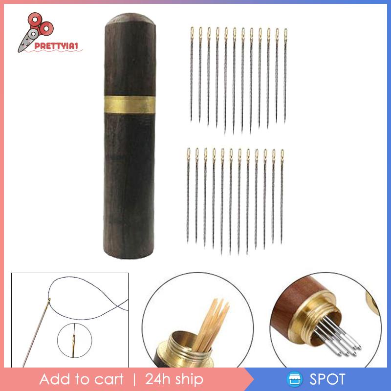 [Prettyia1] 24 Kim Xỏ Chỉ Tự Dính Với Hộp Đựng Kim Gỗ Màu Nâu_Golden