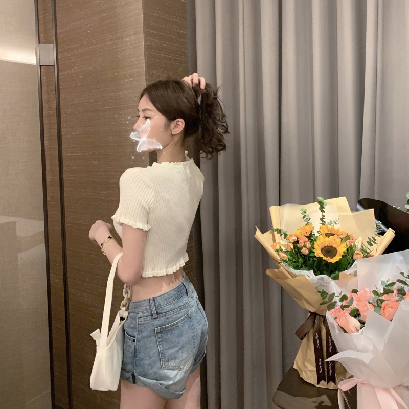 Áo Croptop phông nữ sexy dệt kim blackpink Ngắn Tay Cổ Chữ V Màu Trơn Phong Cách Hàn Quốc K5T3-2