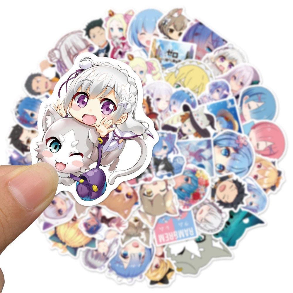 Hình Dán Anime Re:Zero - Set 50 Sticker Ran Rem Emilia Beatrice - Giấy Decal chống nước đẹp - Size 4-5 cm