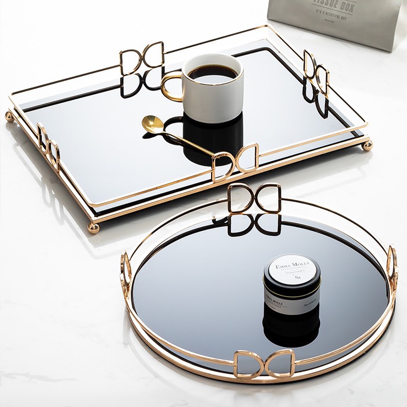 Khay Decor chữ nhật mặt kính đen viền mạ vàng cao cấp - Khay bình cốc Decor phong cách Bắc Âu