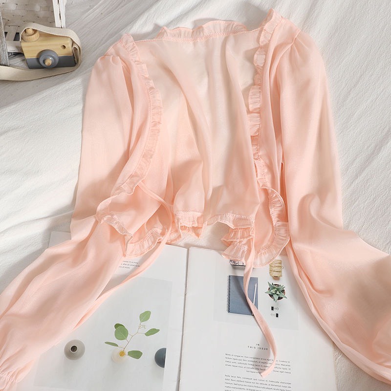 Áo Khoác Cardigan Voan Mỏng Chống Nắng Aimeehouse Viền Bèo Có Dây Cột Kèm Ảnh Thật