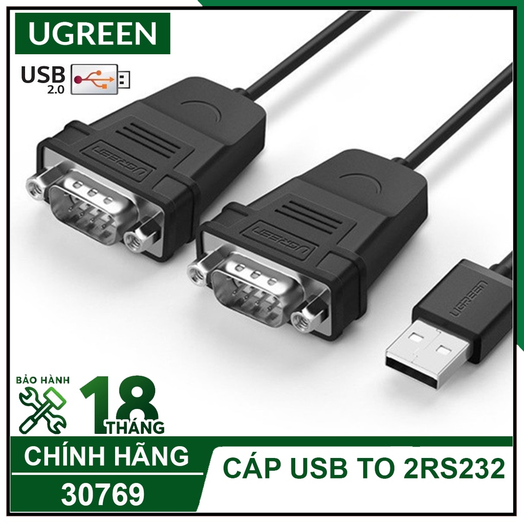 Cáp USB 2.0 RA 2 RS 232 (USB TO 2 COM) Cao Cấp, UGREEN 30769 Chính Hãng