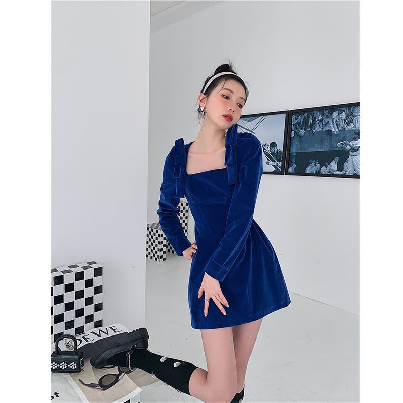 Hàng Có Sẵn!F &amp; X Đầm Nhung Ngắn Dáng Chữ A Cao Cấp Cổ Vuông Màu Xanh Dương Vàng Thời Trang Mùa Thu 2022 Mới Dành Cho Bạn Nữ