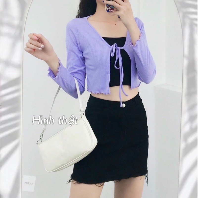 Áo khoác cardigan croptop buộc nơ chất thun gân tay dài | BigBuy360 - bigbuy360.vn