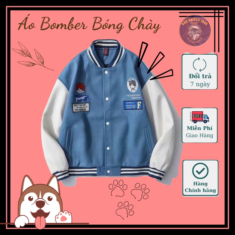 Áo Khoác Bomber Bóng Chày Thêu Hình Cậu Bé