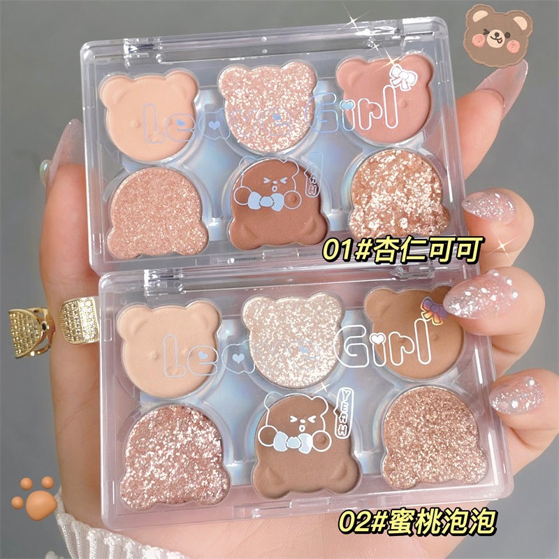 Bảng Phấn Mắt 6 Màu Sắc Tông Lì/Lấp Lánh Chống Thấm Nước Lâu Trôi Trang Điểm Bắt Sáng Hình Gấu Dễ Thương