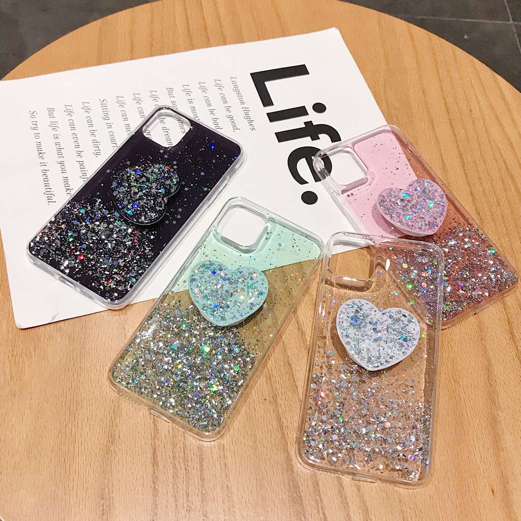 Huawei P40 Pro Plus Nova 3i 7 SE 5 Y5P Honor 30 Pro 30S Play 3 Glitter Silver Foil Love Heart TPU Phone Covers Bling Stars Starry Sky Soft Casing With Stand Holder