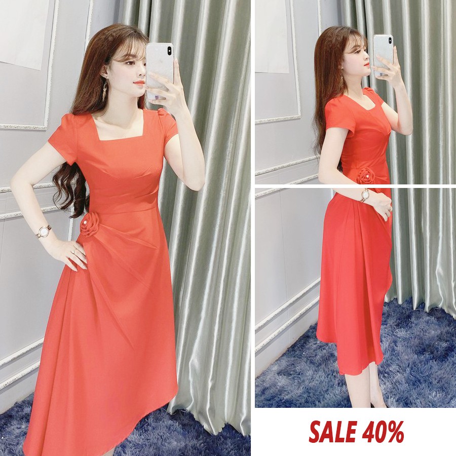 [SALE40%] Đầm Công Sở Dáng Xòe Ôm Eo - She Loves A020 Màu Đỏ