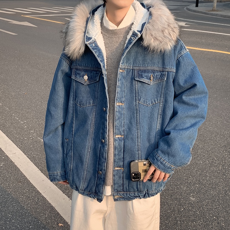 Áo khoác jeans nam lót lông cừu mũ lông siêu dày siêu ấm