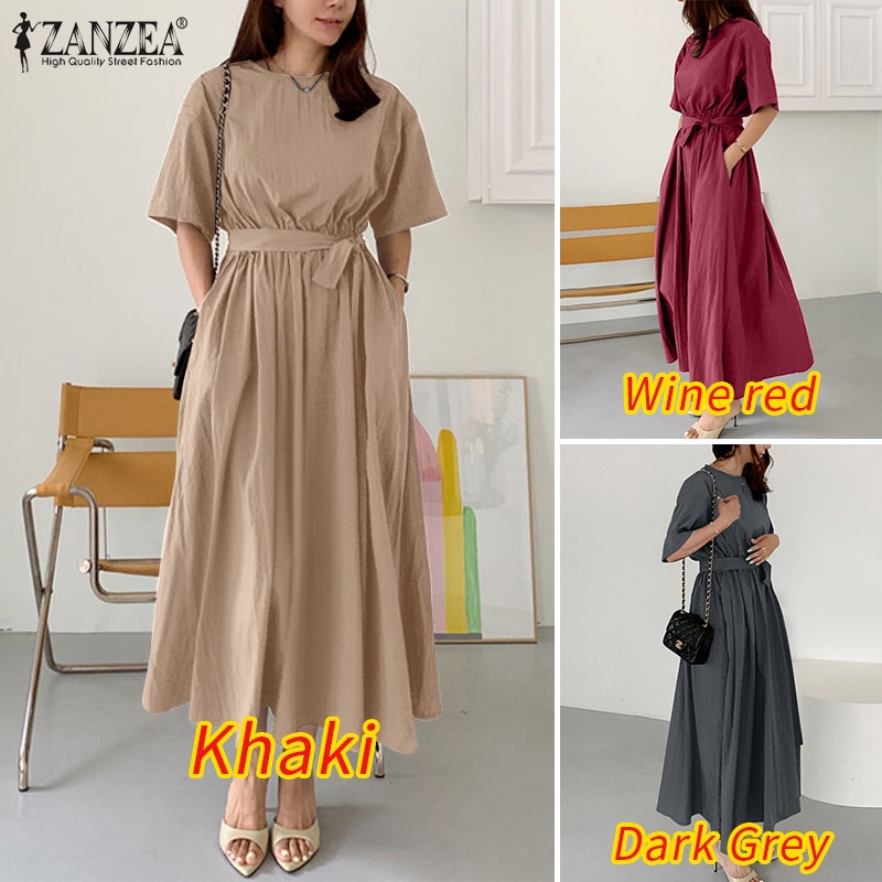 Zanzea Đầm Dài Tay Lửng Thắt Lưng Thun Màu Trơn Cổ Điển Dành Cho Nữ