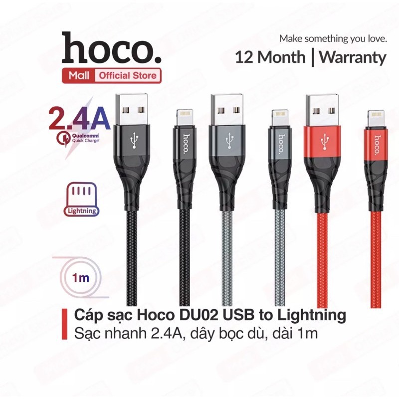 Cáp Sạc Hoco DU02, Sạc Nhanh 2.4A Dài 1M/2M Cho Lightning, Type C, Micro Dây Dù Bền Chống Đứt