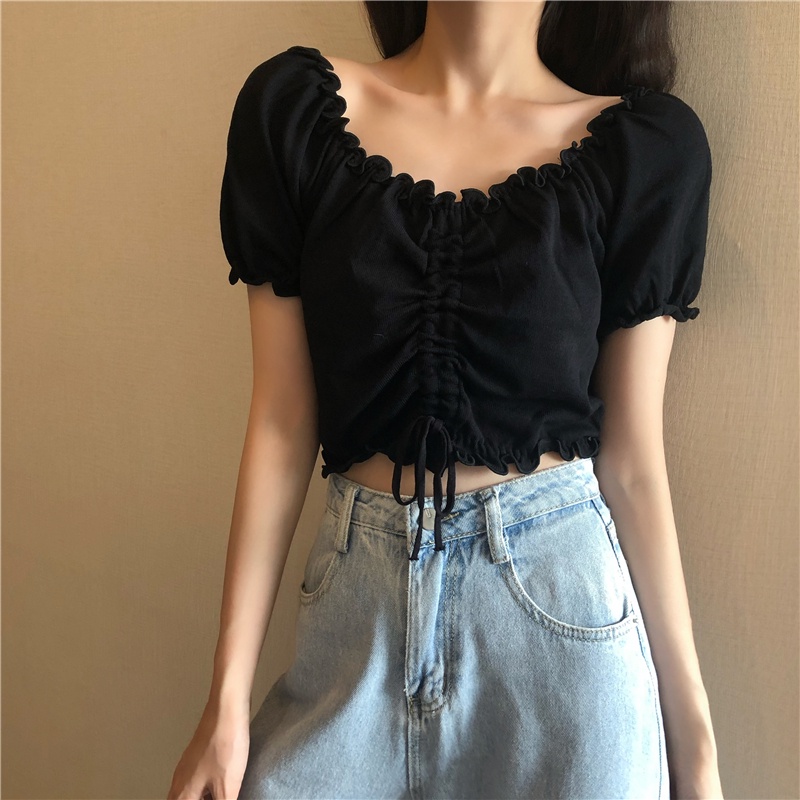 Áo trễ vai dáng croptop kiểu rút dây, Áo croptop len tăm kiểu hở vai rúm ngực Hàn Quốc C75 - Maoshop