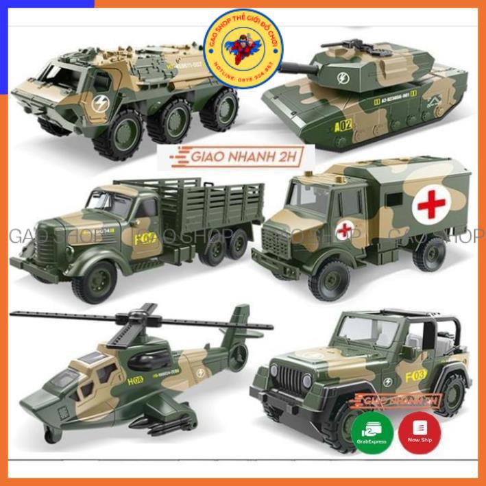 Bộ 6 xe quân sự đồ chơi cho bé gồm xe tăng, máy bay, xe bọc thép, xe chỉ huy, xe cứu thương, xe tải