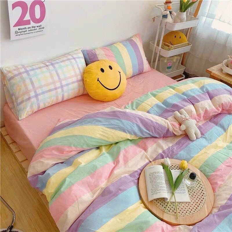 BỘ CHĂN GA GỐI POLY COTTON 7 Sắc Cầu Vồng - Bộ Chăn Ga Gối 5 Món Cao Cấp