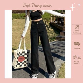 Quần Jean ống xuông cạp cao 2 khuy phong cách Hàn Quốc