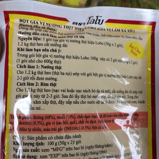 [2 Gói x50g] Túi Bột Gia Vị Nướng Thịt Xá Xíu LoBo